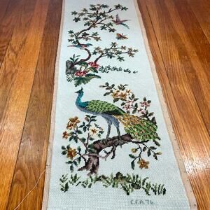 Vintage Needlepoint Peacock Wall Art with Birds, Butterflies & Botanicals
